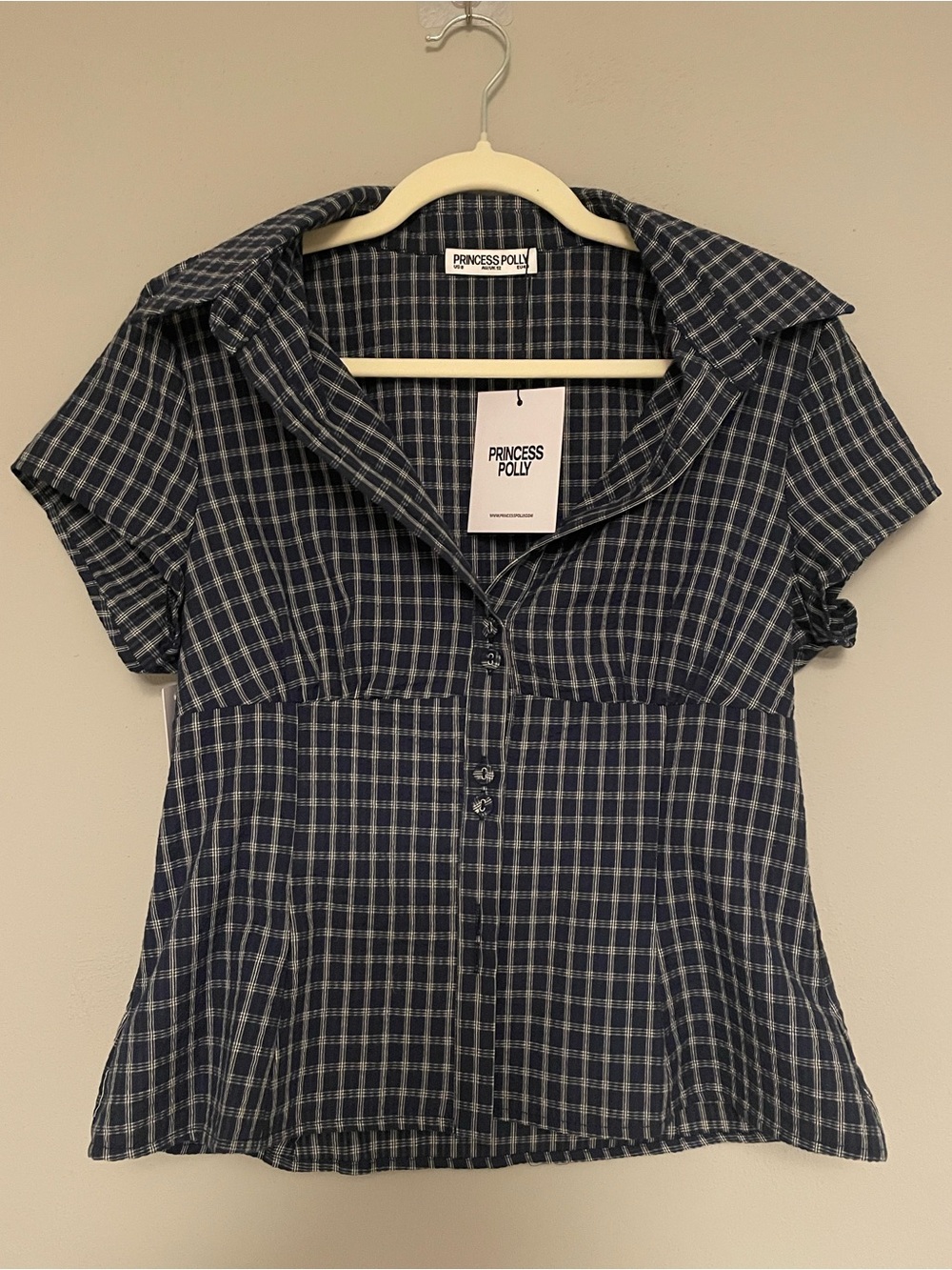 NWT Princess Polly Cottesloe Top Navy Blue Plaid Button-Front - US 8